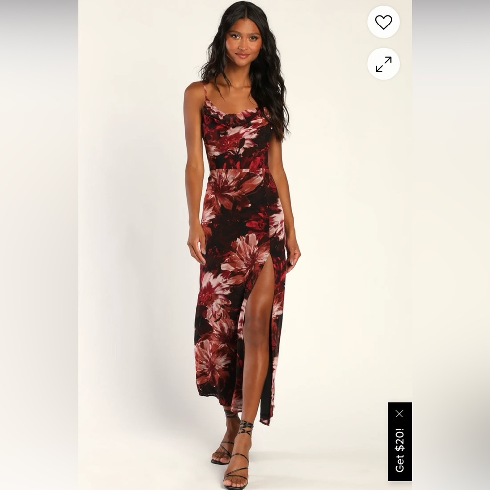 Flowery Passion Burgundy Floral Print Cowl Neck Midi Dress